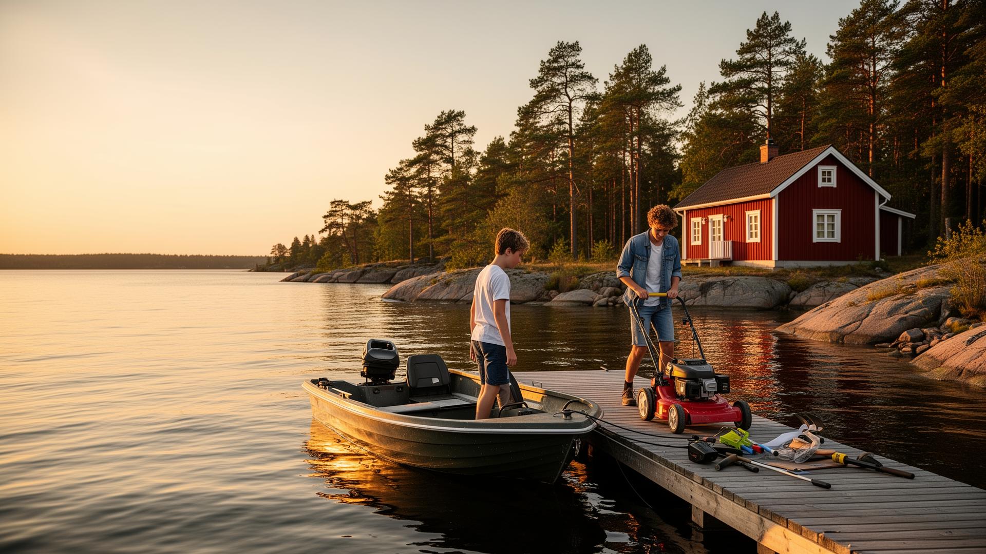 Brygga och röd stuga på Värmdö i kvällsljus
